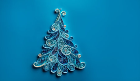 Banner with quilling christmas tree closeup on blue background, top view. Merry Christmas and Happy New Year holiday concept. Generated by AI.の素材