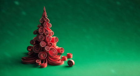 Banner with quilling red christmas tree closeup on green background, top view. Merry Christmas and Happy New Year holiday concept. Generated by AI.の素材