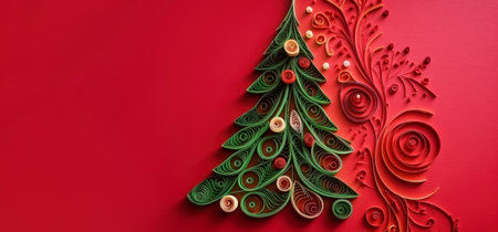 Banner with quilling christmas tree closeup on red background, top view. Merry Christmas and Happy New Year holiday concept. Generated by AI.の素材