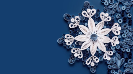 Banner of quilling with white snowflake closeup on blue background top view. Merry Christmas and Happy New Year holiday concept. Generative AI.の素材