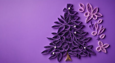 Banner with quilling violet tree with flowers closeup on violet background, top view. Generated by AI.の素材