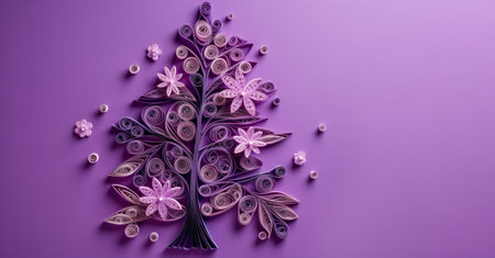 Banner with quilling violet tree with flowers closeup on violet background, top view. Generated by AI.の素材