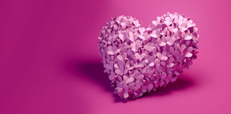 Banner with Valentines Day heart made of pink small hearts closeup isolated on pink background. Generated by A.I.の素材
