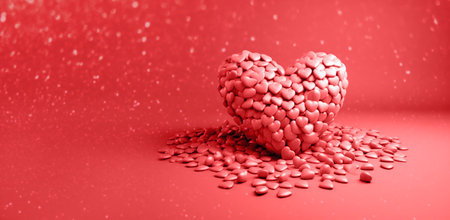 Banner with Valentines Day heart made of red small hearts closeup isolated on red background. Generated by AI.の素材