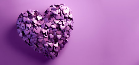Banner with Valentines Day heart made of violet small hearts closeup isolated on violet background. Generated by AI.の素材