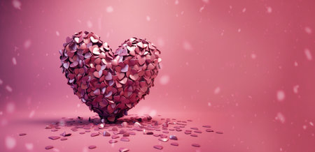 Banner with Valentines Day heart made of pink small hearts closeup isolated on pink background. Generated by A.I.の素材