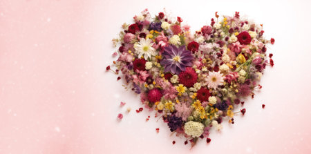 Banner with Valentines Day heart made of colorful flowers closeup isolated on pink background. Generated by A.I.の素材