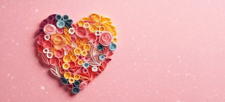 Banner with quilling colorful Valentines Day heart closeup isolated on pink background. Generated by AI.の素材