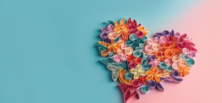 Banner with quilling colorful Valentines Day heart closeup isolated on pink and blue background. Generated by AI.の素材