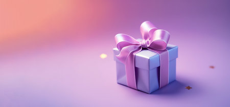 Banner with purple gift box with ribbon and bow isolated on purple background.Holiday gift with Birthday or Christmas present, flat lay, top view, happy mother day copy space. Generated by AI.の素材