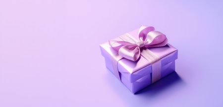 Banner with purple gift box with ribbon and bow isolated on purple background.Holiday gift with Birthday or Christmas present, flat lay, top view, happy mother day copy space. Generated by AI.の素材