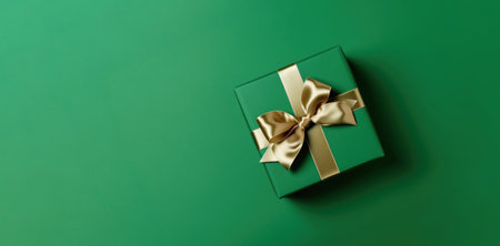 Banner with green gift box with ribbon and bow for man and boy isolated on green background.Holiday gift with Birthday or Christmas present,flat lay,top view,father's day copy space.Generated by AI.の素材
