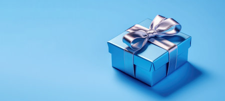 Banner with blue gift box with ribbon and bow for man and boy isolated on blue background.Holiday gift with Birthday or Christmas present,flat lay,top view,father's day,copy space.Generated by AI.の素材