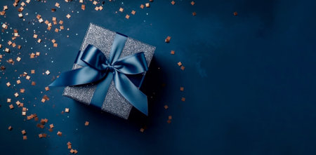 Banner with dark blue gift box with ribbon and bow for man and boy isolated on blue background.Holiday gift with Birthday or Christmas present,flat lay,top view,father's day,copy space.Generated by AI.の素材