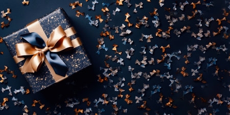 Banner with dark blue gift box with ribbon and bow for man and boy isolated on blue background.Holiday gift with Birthday or Christmas present,flat lay,top view,father's day,copy space.Generated by AI.の素材
