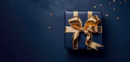 Banner with dark blue gift box with ribbon and bow for man and boy isolated on blue background.Holiday gift with Birthday or Christmas present,flat lay,top view,father's day,copy space.Generated by AI.の素材