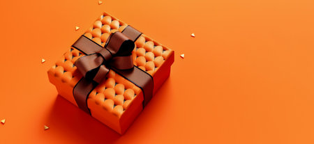 Banner with orange gift box with ribbon and bow isolated on orange background.Holiday gift with Birthday, Christmas present or Halloween, flat lay, top view, copy space.Generated by AI.の素材