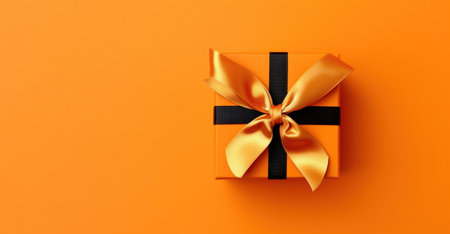 Banner with orange gift box with ribbon and bow isolated on orange background.Holiday gift with Birthday, Christmas present or Halloween, flat lay, top view, copy space.Generated by AI.の素材