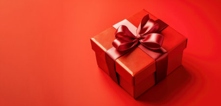 Banner with red gift box with ribbon and bow isolated on red background.Holiday gift with Birthday, Christmas present, flat lay, top view, copy space.Generated by AI.の素材