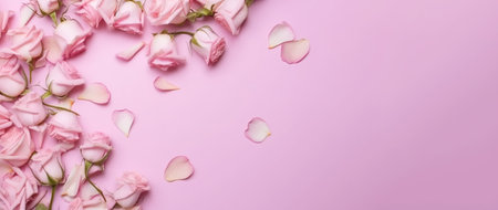 Banner with pink rose petals isolated on pink background.Holiday gift with Birthday, flat lay, top view, copy space.Generated by AI.の素材