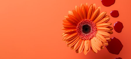 Banner with orange gerbera isolated on orange background.Holiday gift with Birthday, flat lay, top view, copy space.Generated by AI.の素材