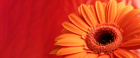 Banner with orange gerbera isolated on orange background.Holiday gift with Birthday, flat lay, top view, copy space.Generated by AI.の素材