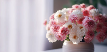 Banner with white pink flowers isolated on table in livingroom.Holiday gift with Birthday, flat lay, top view, copy space.Generated by AI.の素材