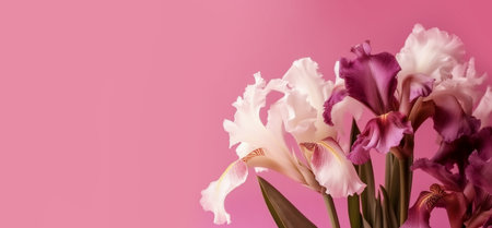 Banner with white pink irises isolated on pink background.Holiday gift with Birthday, flat lay, top view, copy space.Generated by AI.の素材