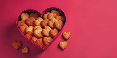 Banner with a lot of cookie hearts in a pink heart-shaped box closeup isolated on pink background.Valentine's day, mother's day, birthday concept.Generated by AI.の素材