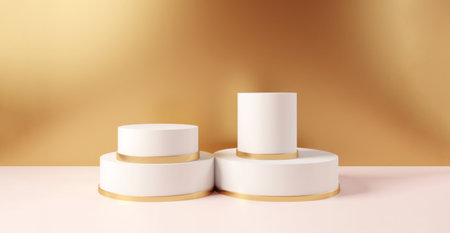 Banner with front view of four white cylinder podiums for product presentation closeup on gold background.Space to placed your product,mockup or packaging cosmetic.Minimal concept.Generated by AI.の素材