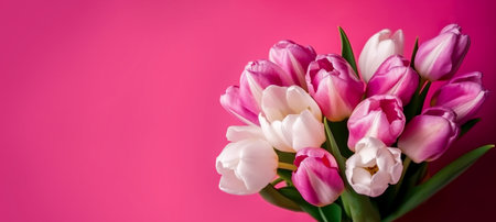Banner with Bouquet of pink and white tulips closeup on pink background.Mothers day,Valentines Day,Birthday celebration concept. Greeting card.Copy space for text,top view.Generated by AI.の素材