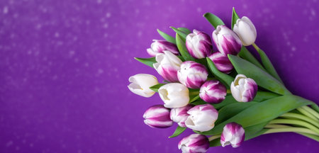 Banner with Bouquet of white and purple tulips closeup on purple background.Mothers day,Valentines Day,Birthday celebration concept. Greeting card.Copy space for text,top view.Generated by AI.の素材