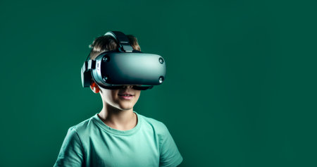 Banner with European boy wearing virtual reality glasses, VR headset, smiling and standing over isolated green background.の素材