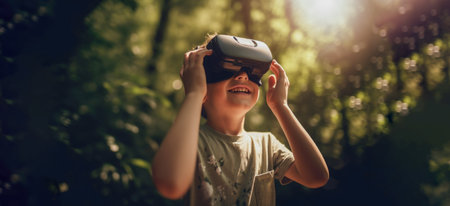 Banner with European boy wearing virtual reality glasses, VR headset, smiling and standing in forestの素材