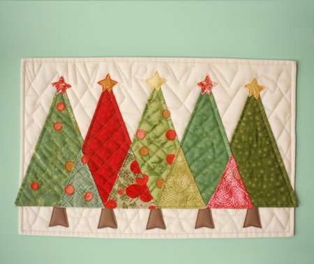 Banner with christmas trees applique. Christmas tree made of fabric, buttons isolated on white background. Handmade christmas tree, winter craft. Creative christmas concept.の素材