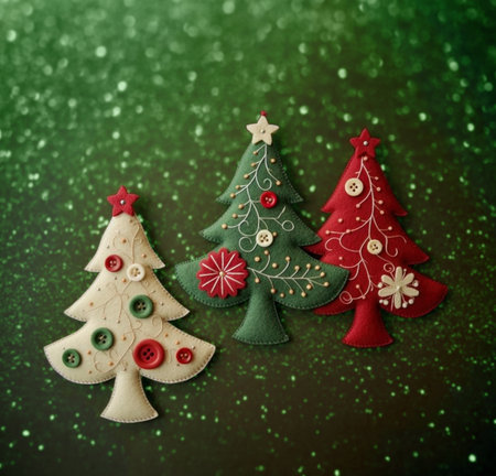Christmas tree applique with space for text. Christmas tree made of fabric, buttons isolated on green background with bokeh. Handmade christmas tree, winter craft. Creative christmas concept.の素材