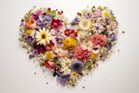 Valentines Day heart made of colorful flowers closeup isolated on white background.の素材