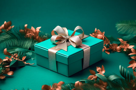 Green gift box with ribbon and bow for man and boy.Holiday gift with Birthday or Christmas present,flat lay,top view,father's day copy space.の素材