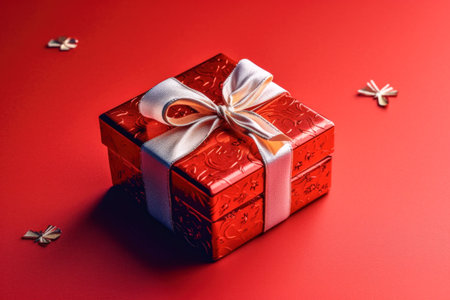 Red gift box with ribbon and bow isolated on red background.Holiday gift with Birthday, Christmas present, flat lay, top view, copy space.の素材
