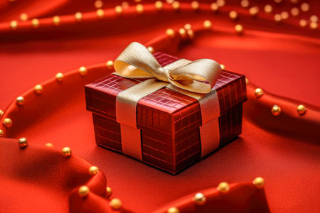 Red gift box with ribbon and bow isolated on red background.Holiday gift with Birthday, Christmas present, flat lay, top view, copy space.の素材