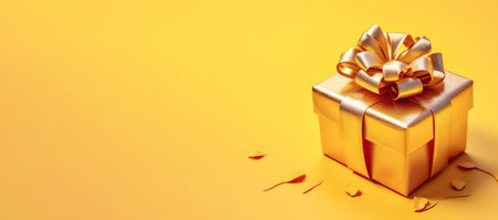 Holiday golden gift box gift for Birthday or Christmas present with copy space.の素材