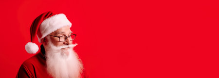 Christmas and New Year concept. Banner with portrait of good old Santa Claus in glasses on a red background with space for text.の素材