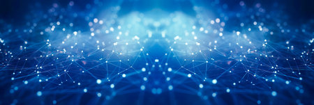 Banner with blue abstract background with a network grid and particles connected. Sci-fi digital technology with line connect network and data graphic background. Abstract polygonal wallpaper.の素材