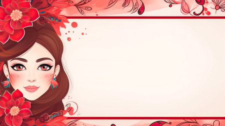 Frame with beautiful red drawn flowers and girl with space for text on white background. Greeting card with flowers for Women's Day, Valentine's Day, birthday, birth of children, wedding, anniversary.の素材