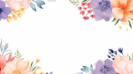 Frame with beautiful spring colorful drawn flowers with space for text on white background. Greeting card with flowers for Women's Day, Valentine's Day, birthday, birth of children, wedding, anniversary.の素材