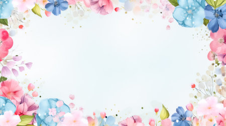 Frame with beautiful spring colorful drawn flowers with space for text on white background. Greeting card with flowers for Women's Day, Valentine's Day, birthday, birth of children, wedding, anniversary.の素材