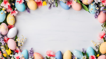 Easter greeting card with frame of eggs and flowers. Flat lay Easter composition with colorful eggs with space for text on a white background.の素材