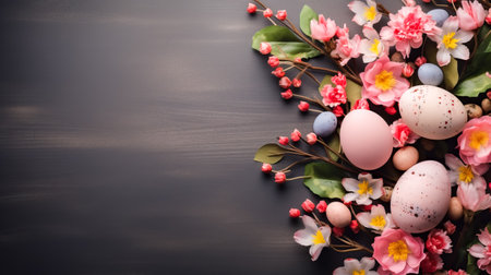 Easter greeting card with eggs and flowers. Flat lay Easter composition with colorful eggs with space for text on a dark background.の素材