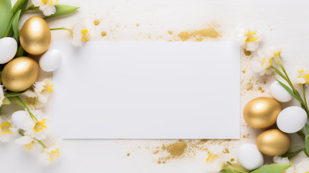 Easter greeting card with frame of gold eggs and flowers. Flat lay Easter composition with colorful eggs with space for text on a white background.の素材