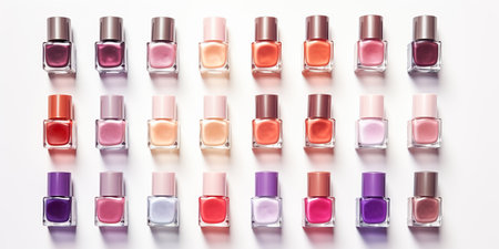 A lot of colorful bottles with nail polish lie on white background top view close up.Row of nail polishes for manicure with color transition.Texture background for design.の素材